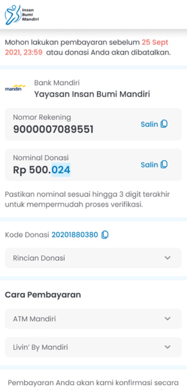 Halaman instruksi pembayaran untuk donatur dengan nomor rekening, nominal unik, dan kode donasi