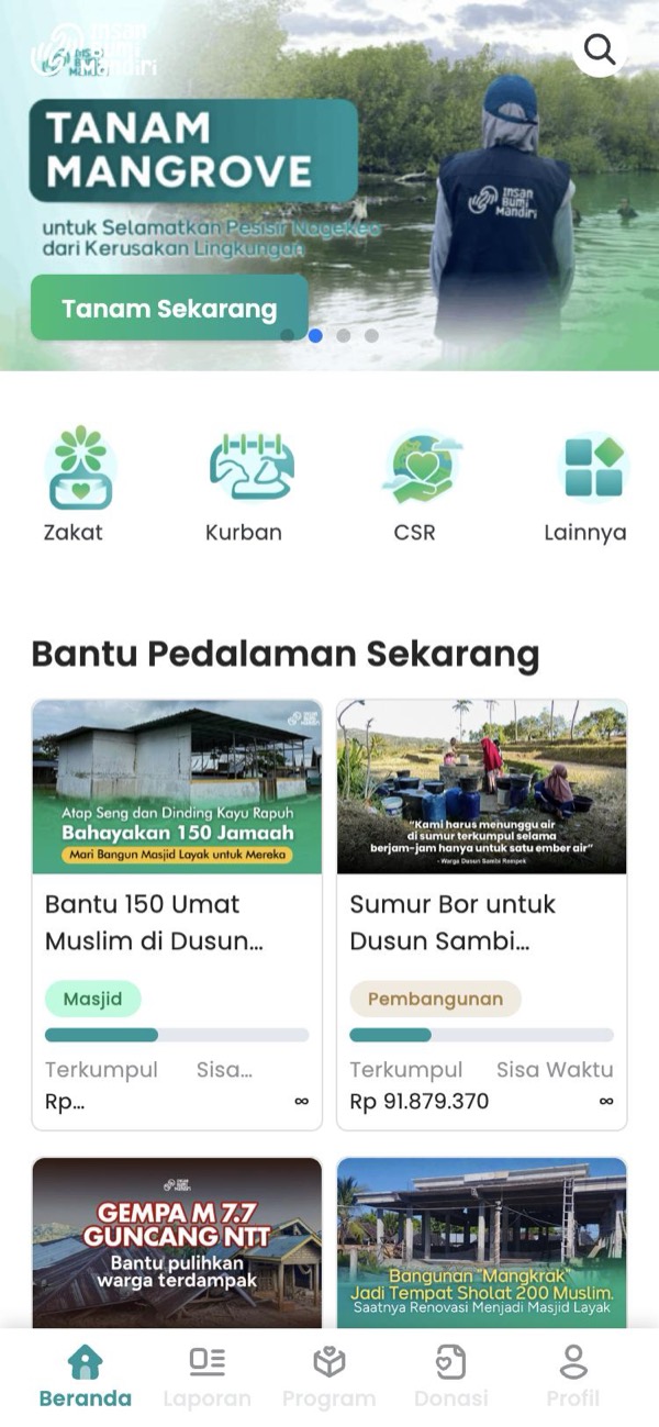 Halaman depan donasi.insanbumimandiri.org di ponsel: banner program, kategori zakat dan kurban, serta daftar campaign