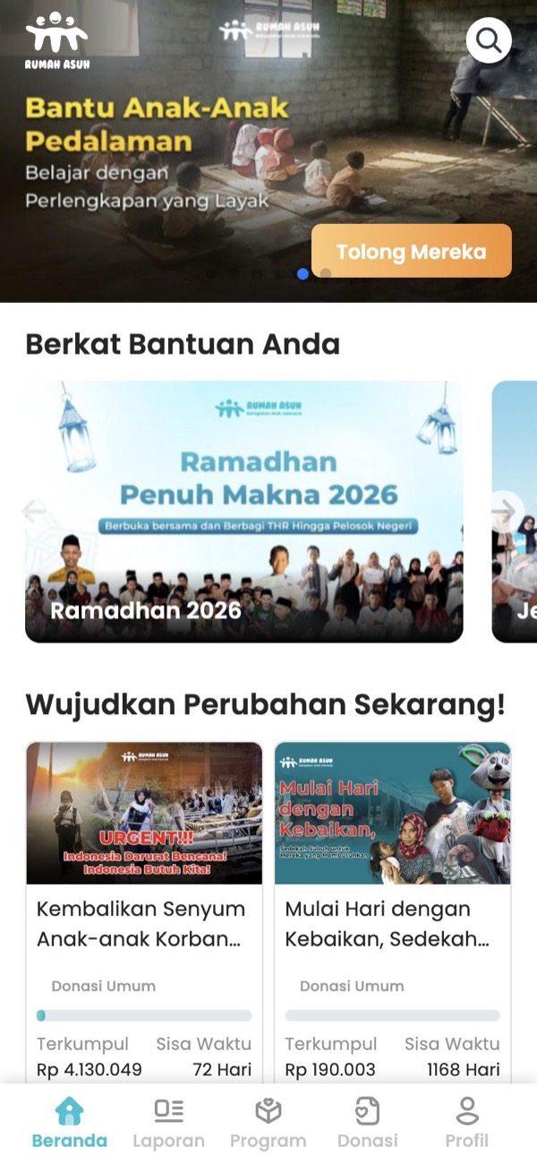 Halaman depan donasi.rumahasuh.org di ponsel: banner program pendidikan, kabar penyaluran, dan daftar campaign